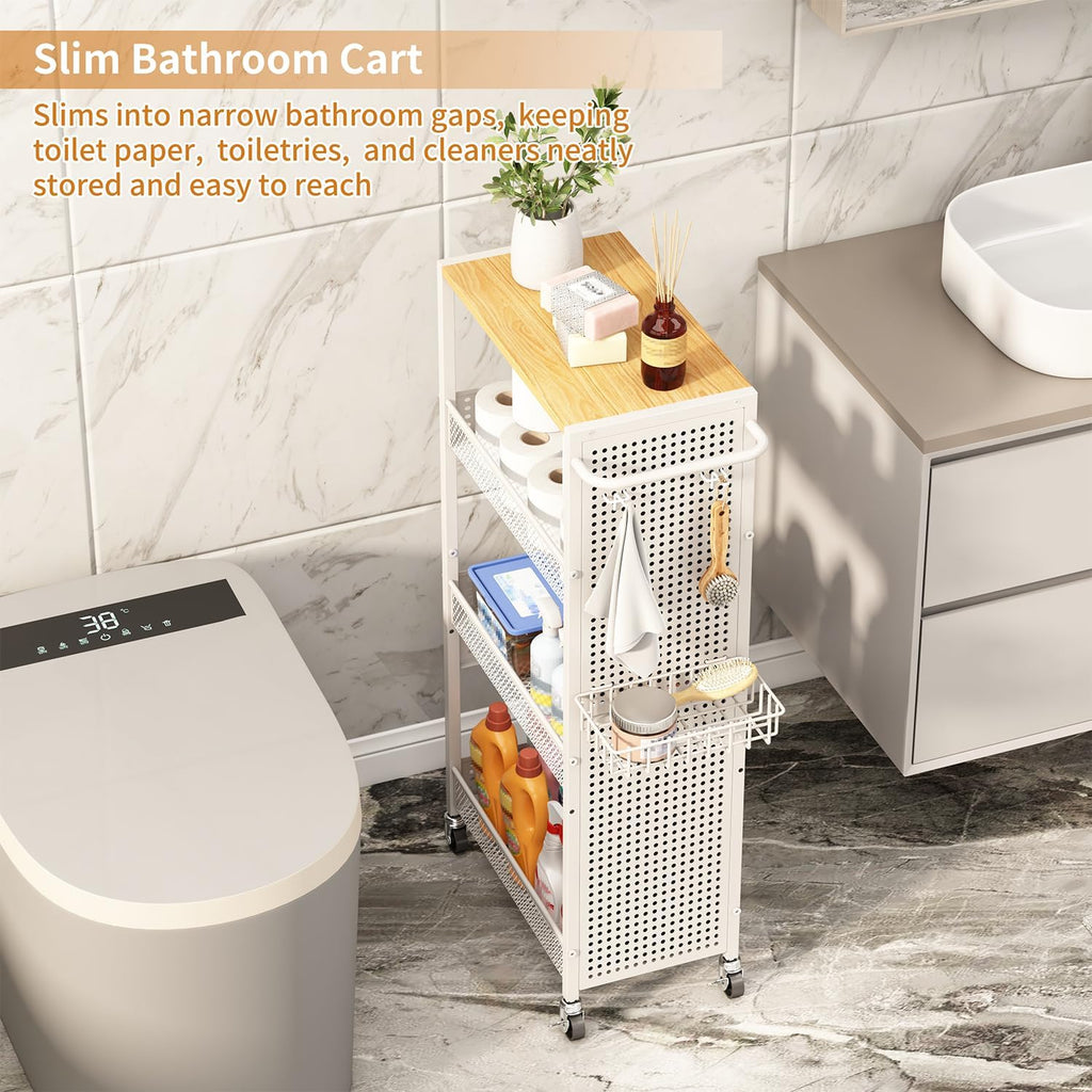 Slim Storage Rolling Cart: 4-Tier Narrow Metal & Wood Utility Cart with Wheels for Kitchen/Laundry/Bathroom(White)