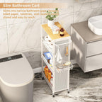 Slim Storage Rolling Cart: 4-Tier Narrow Metal & Wood Utility Cart with Wheels for Kitchen/Laundry/Bathroom(White)