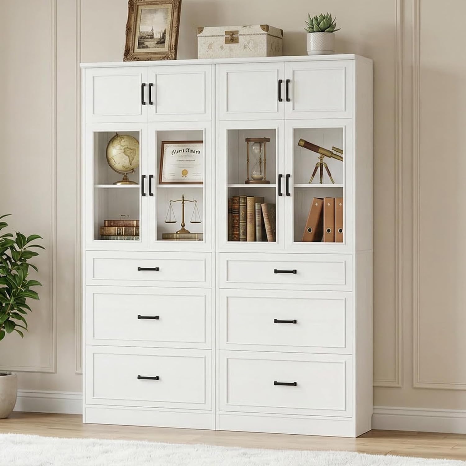 Unikito 80" Tall Kitchen Pantry Storage Cabinet with Glass Doors, Adjustable Shelves & 3 Drawers, Versatile Tall Storage Cupboard for Kitchen, Dining Room, Living Room, Bathroom White