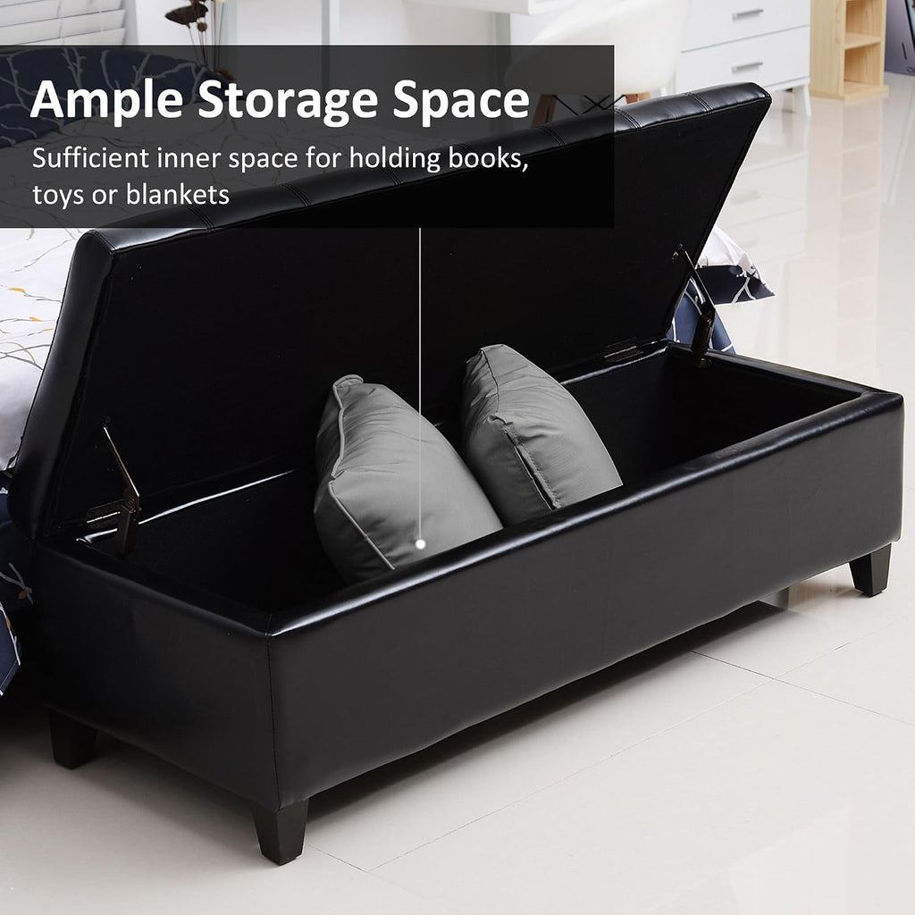 51inches Rectangular Tufted Faux Leather Storage Ottoman Black Durable Premium Comfortable Luxury Stylish Elegant Contemporary