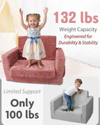 TinyPalsa Foldable Toddler Couch with Soft Sherpa Cover, 2-in-1 Comfy Toddler Sofa & Lounger for 3+ Years Old Girls Boys, Kids Chair with Pockets & Handle for Reading, Playroom (Pink)