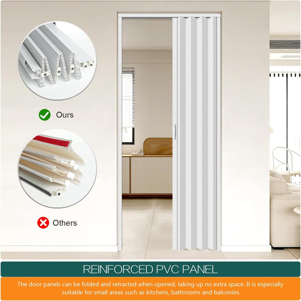 24×80in PVC Internal Accordion Folding Door, Multifold Sliding Door for Closet, White in Color, with Installation Hardware; Handle; Latch.