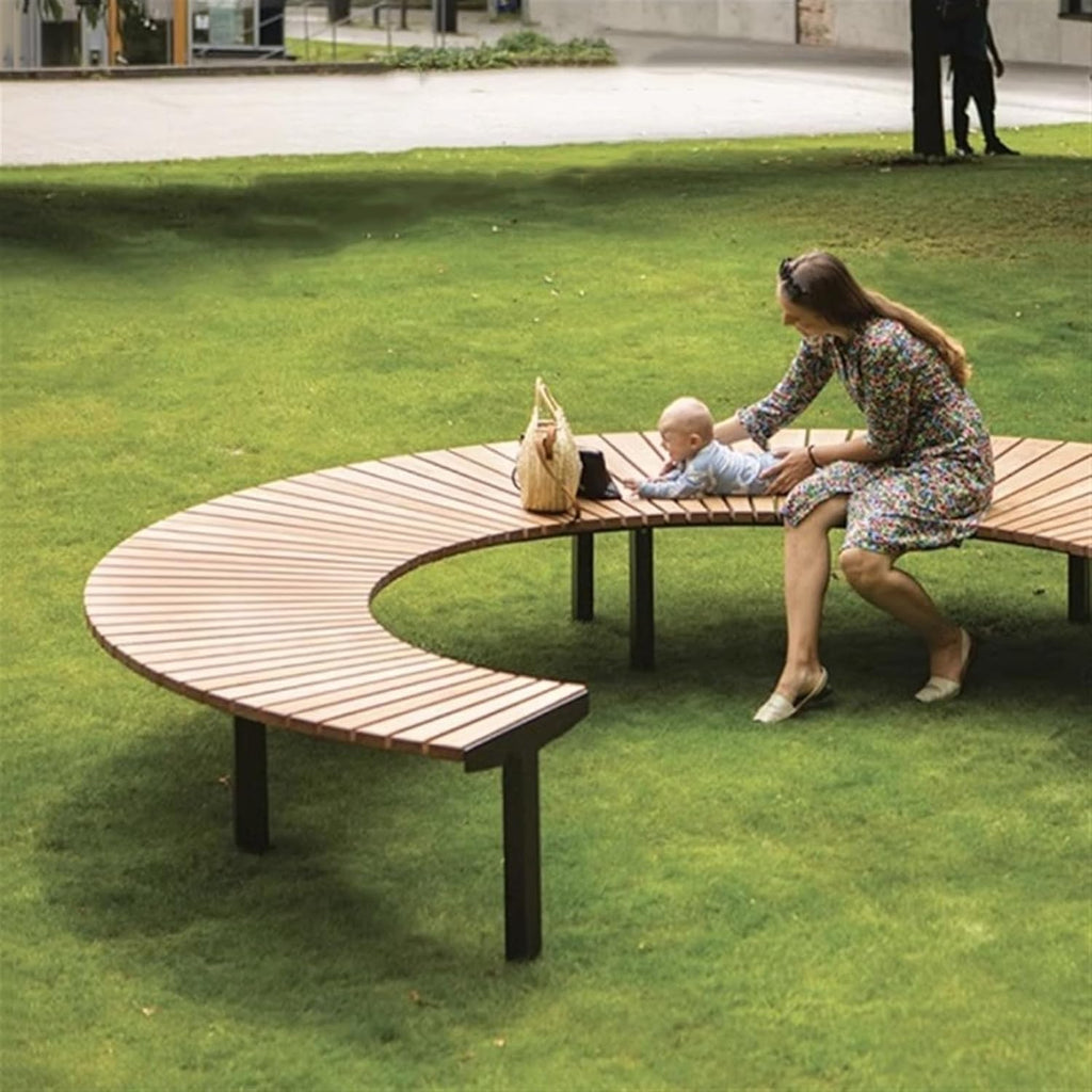 Garden Outdoor Benches Chair, Circular Park Seats, Modern Circular Anti-Corrosion Wooden Benches with Steel Frames Seat