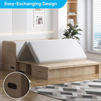 Mjkone Murphy Bed with Tri-Folding Mattress, Queen Hidden Cabinet Bed with Built-in USB Charging Station and 2 Storage Drawers, Foldable Wall Cabinet Beds for Living Room, Natural Wood Color