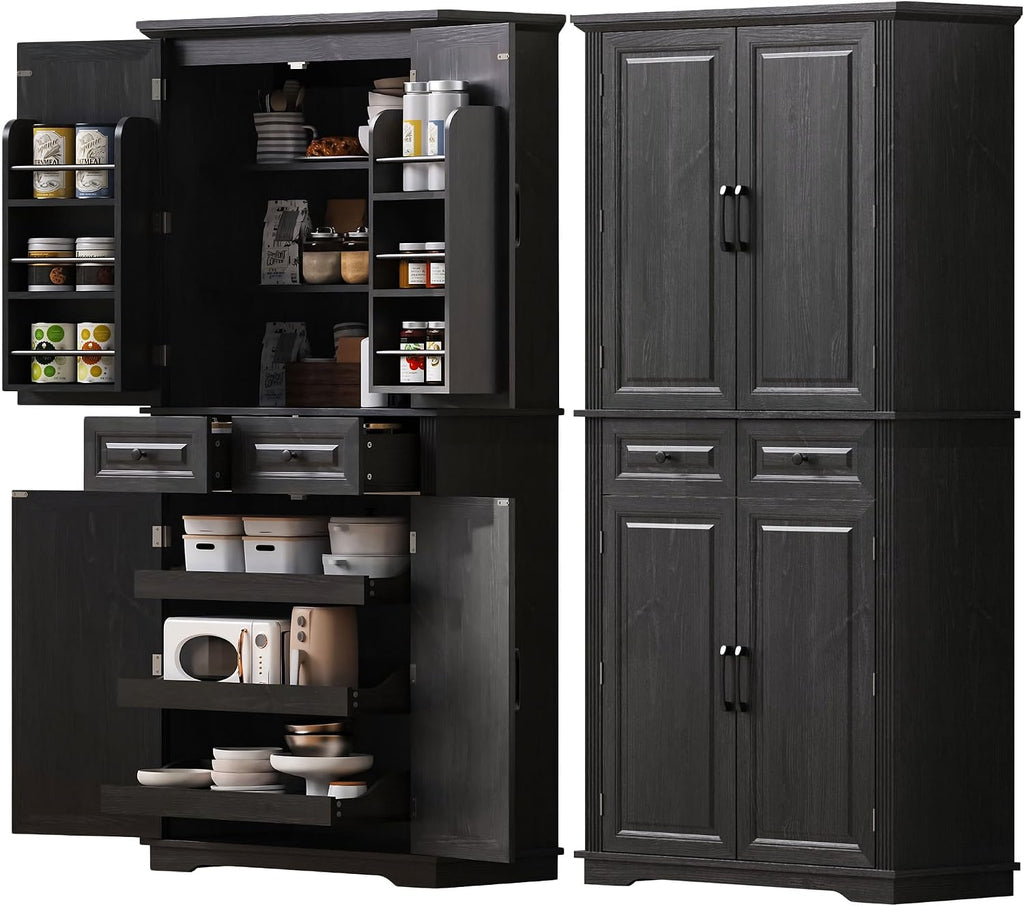 71.3" Tall Kitchen Pantry Cabinet with 3 Pull Out Organizers, Farmhouse Embossed Storage Cabinet with 6 Door Shelves, 2 Drawers, Freestanding Cupboard for Kitchen, Dining Room Black