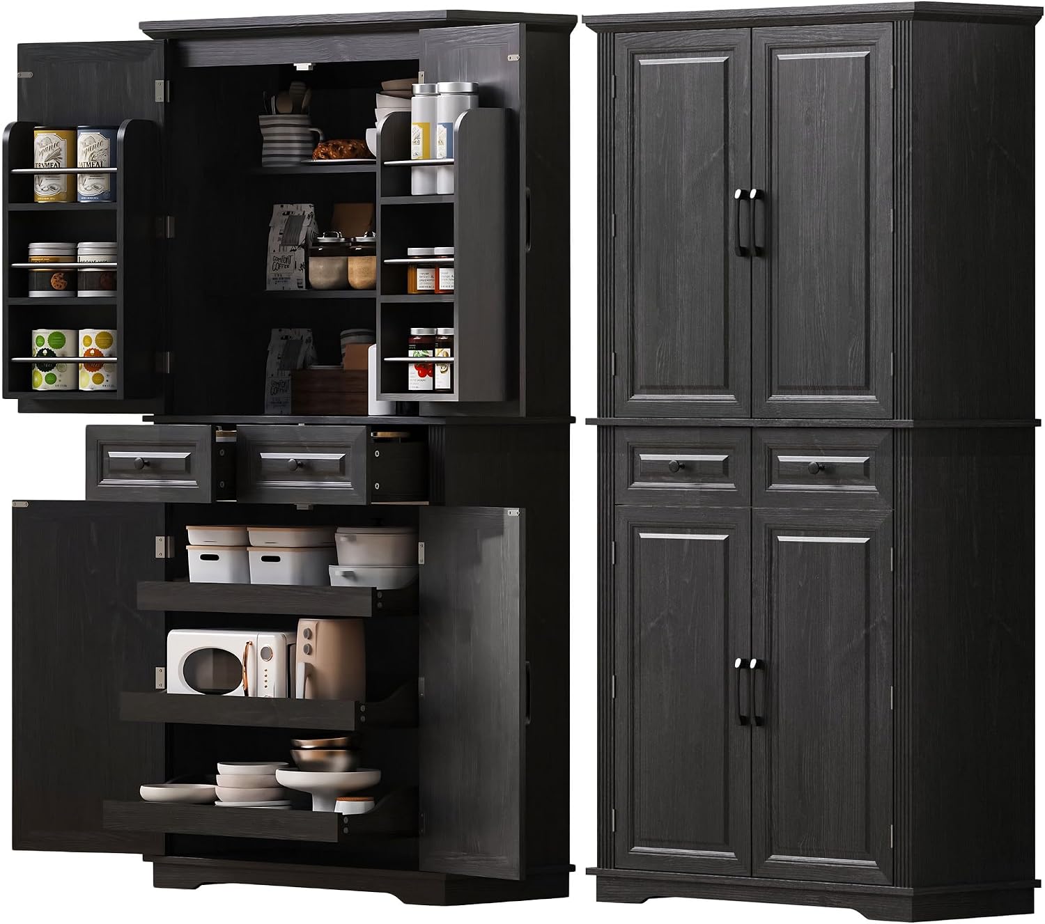 71.3" Tall Kitchen Pantry Cabinet with 3 Pull Out Organizers, Farmhouse Embossed Storage Cabinet with 6 Door Shelves, 2 Drawers, Freestanding Cupboard for Kitchen, Dining Room Black