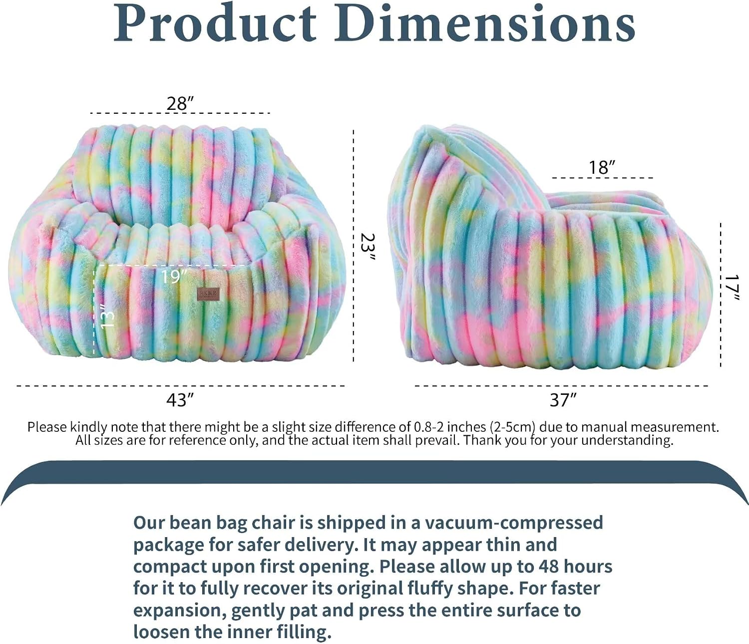 Giant Plush Bean Bag Chair for Adults with Armrests,Oversized Comfy Beanbag Lounge Lazy Floor Sofa Chair for Game Room,Living Room,Bedroom,Ultra Soft Mini Couch-Rainbow