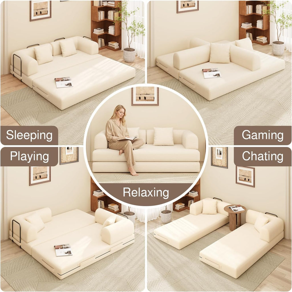 Ahomly 78.8'' Convertible Sofa Bed,5-in-1 Boneless Couch with Removable Armrests,Folding Futon Sofa Bed Includes 2 Pillows,Comfy Pull Out Couch for Living Room,No Assembly Required,Cream