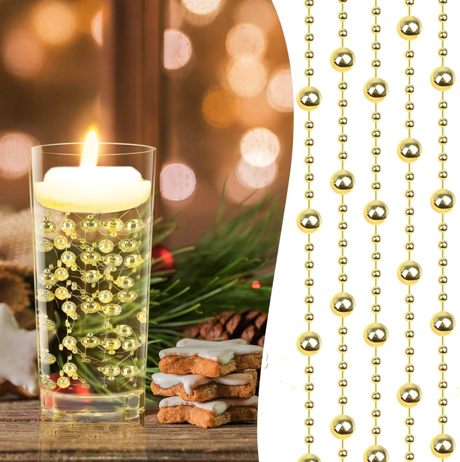 Billbotk 30 Pieces Floating Pearls Beads String for Floating Candles, Gold Vase Fillers for Centerpieces Faux Pearls Beads String for Wedding Celebration Party Decor