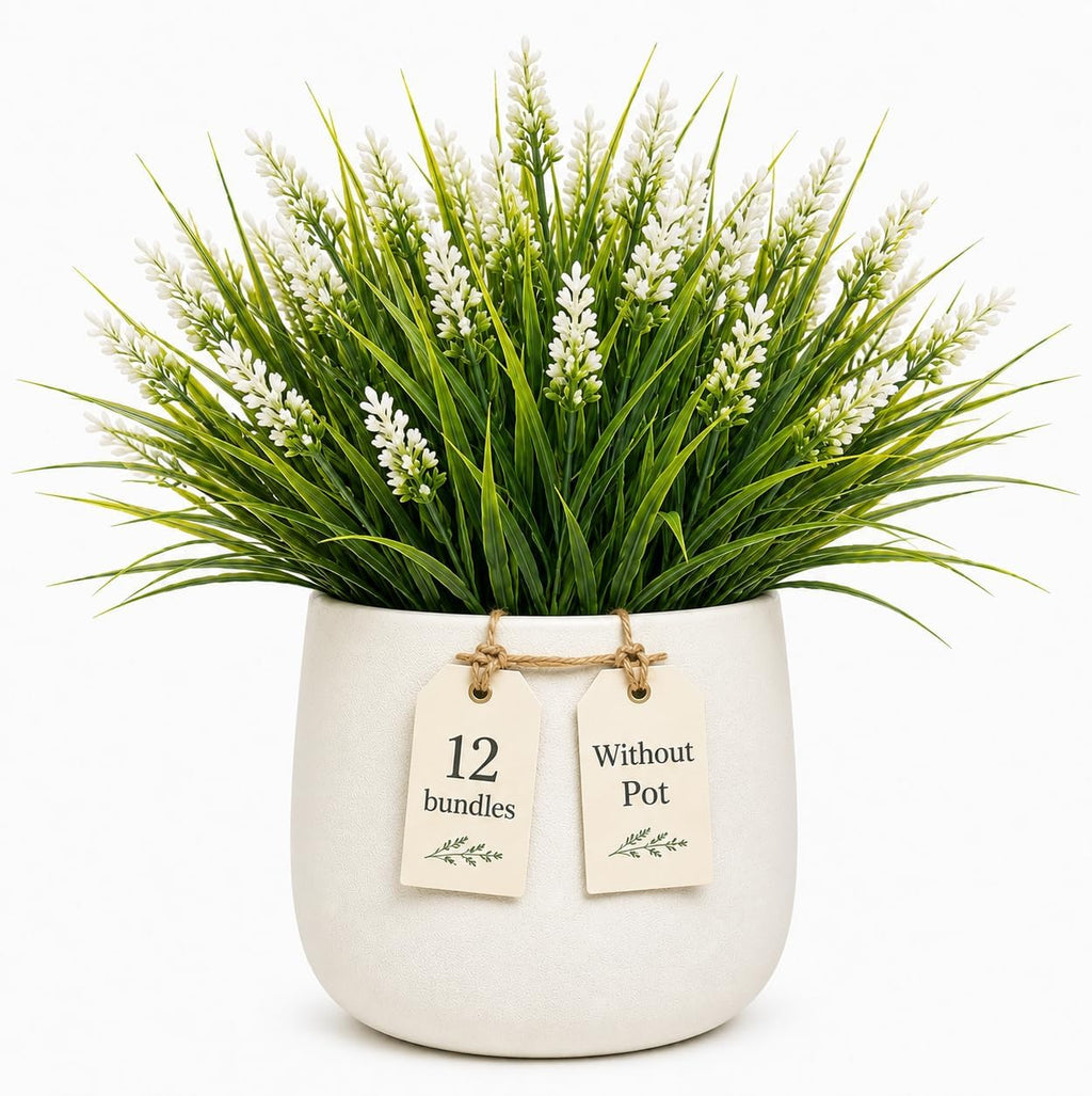 Artificial Monkey Grass with Flowers - UV Resistant Artificial Outdoor Plants, Faux Flowers for Outdoor Planters, Porch, Patio, Garden, Window Box - 12 Bundles White