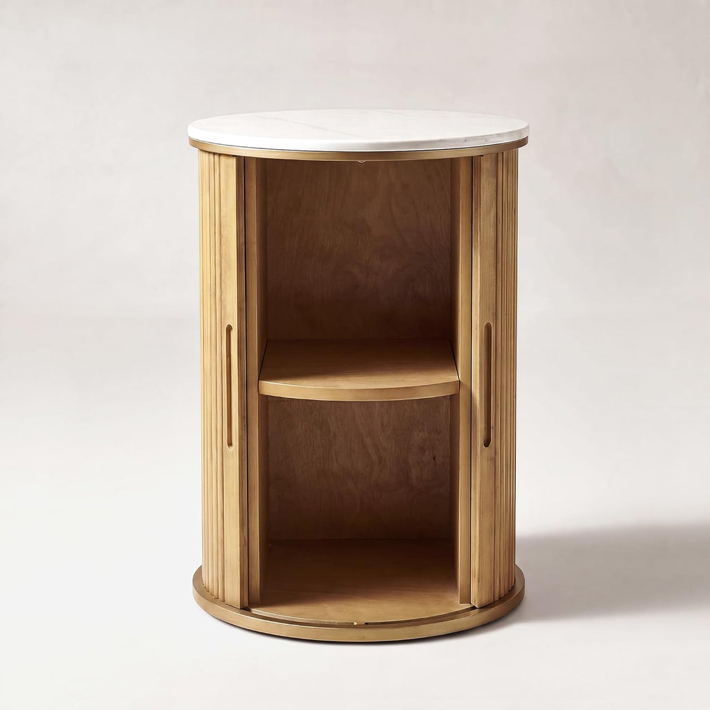 Round Fluted End Table with Storage, Natural Wood Side Table with White Sintered Stone Top, Sliding Tambour Door Nightstand, 17.4 Inch Small Accent Stand for Living Room Bedroom