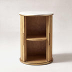 Round Fluted End Table with Storage, Natural Wood Side Table with White Sintered Stone Top, Sliding Tambour Door Nightstand, 17.4 Inch Small Accent Stand for Living Room Bedroom