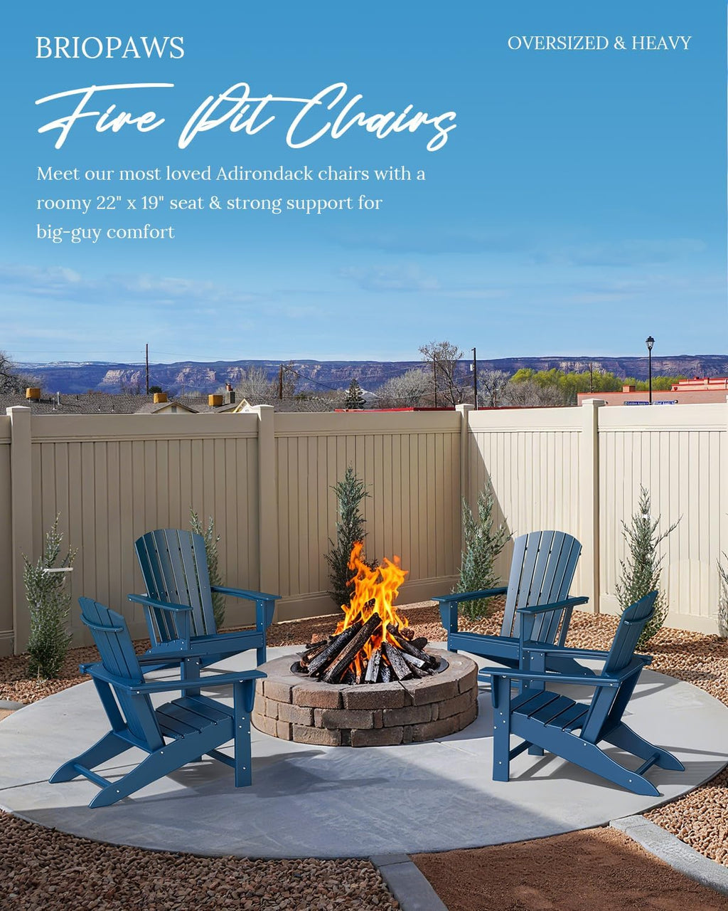 BRIOPAWS Adirondack-Chairs-Set of 2 | Fire Pit Chair | Oversized | HDPE Plastic | Weather Resistant | for Deck Outdoor Poolside Campfire | Blue