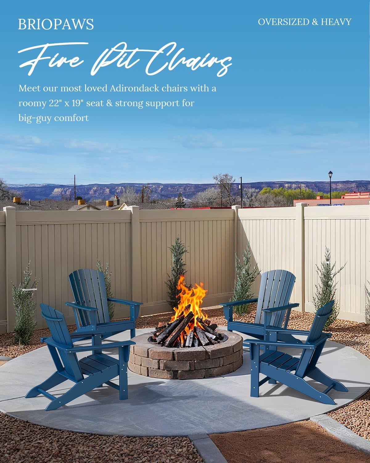 BRIOPAWS Adirondack-Chairs-Set of 2 | Fire Pit Chair | Oversized | HDPE Plastic | Weather Resistant | for Deck Outdoor Poolside Campfire | Blue