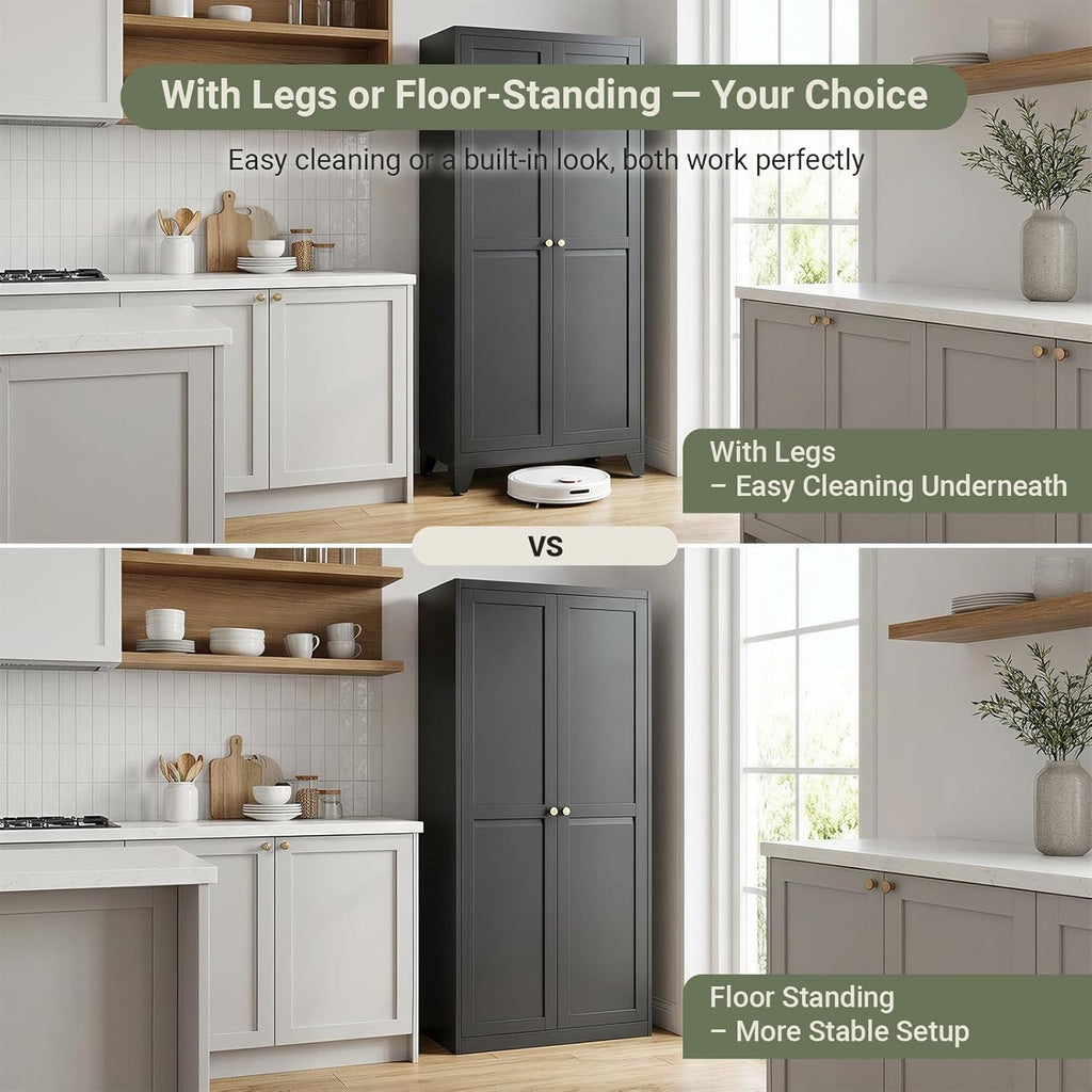 75" Metal Kitchen Storage Cabinet with Doors, Freestanding Steel Pantry Cabinet, 5 Adjustable Shelves, for Dining Room, Black