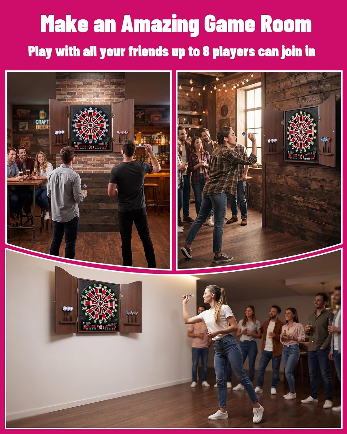 Electronic Dart Board with Cabinet Set, Dartboard with 8-Player Color Light | 3 Large LCD Displays with 34 Games, Automatic Scoring, 12 Darts+100 Tips, Great Gift for Man Cave Game Room Home Bar