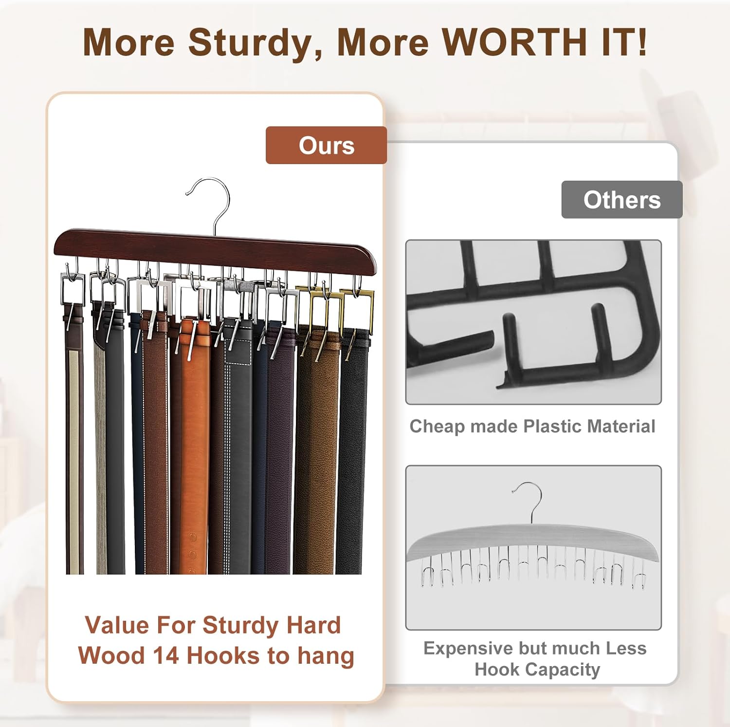 Belt Hanger for Closet, Sturdy Wood Belt Rack Closet Accessories with 14 Hooks Belt Organizer for Closet Organizers and Storage Max 42 Belts-Mahogany 2 Pack