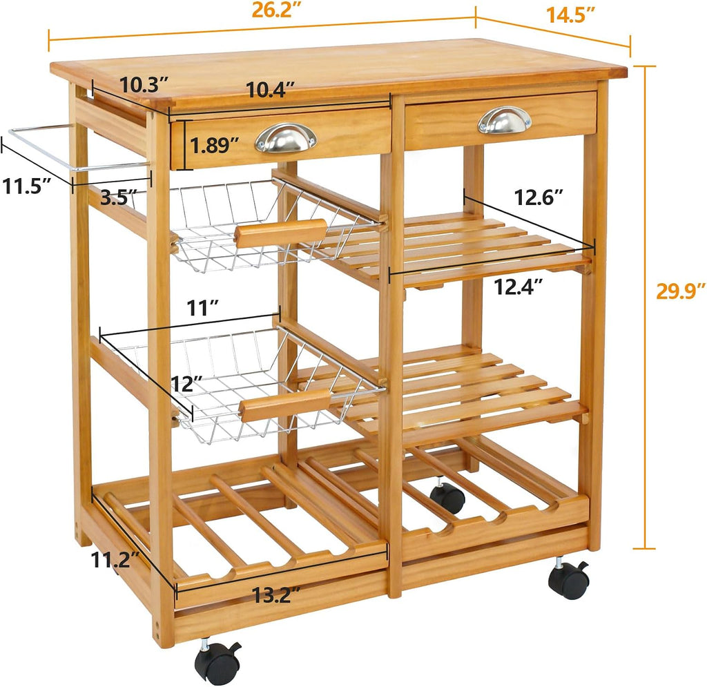 Nova Microdermabrasion Kitchen Island Cart with Storage, Rolling Side Table on Wheels with 2 Drawers, 3 Shelves, Lockable Casters for Dining Room, Bar