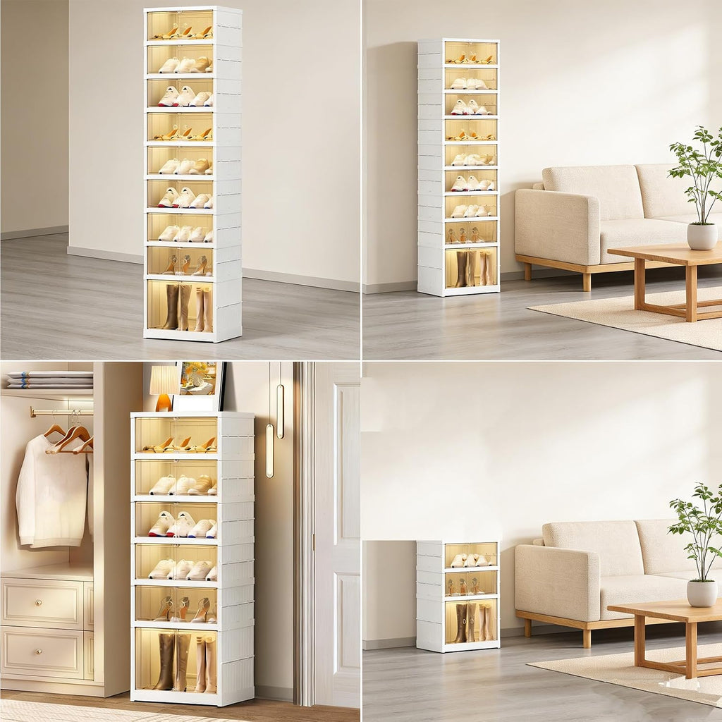 3Tier Foldable Shoe Rack Organizer for Closet,6Pairs Collapsible Plastic Shoe Shelf,Large Shoes Cabinet with Door,Clear Stackable Storage Box Easy Assembly,for Living Room(3Tier6Pairs Cream White)