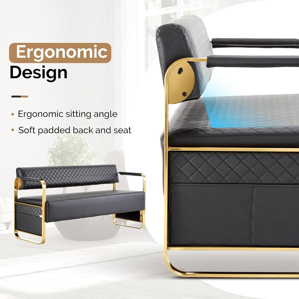 OmySalon Waiting Room Chairs with Arms, 57.5’’ Office Guest Chair upholstered Bench Seating, Reception Furniture for Beauty Salon Barbershop Airport Bank Hall Room Conference, Black&Gold