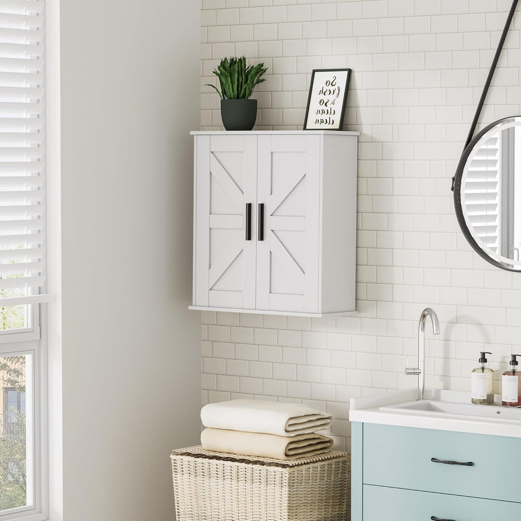 Homleke Bathroom Wall Cabinet, Over Toilet Storage Cabinet with Barn Doors and Adjustable Shelves, 3-Tier Medicine Cabinet Wall Mounted, for Bathroom, Kitchen, Entryway, Laundry Room, White, (7.9" D)