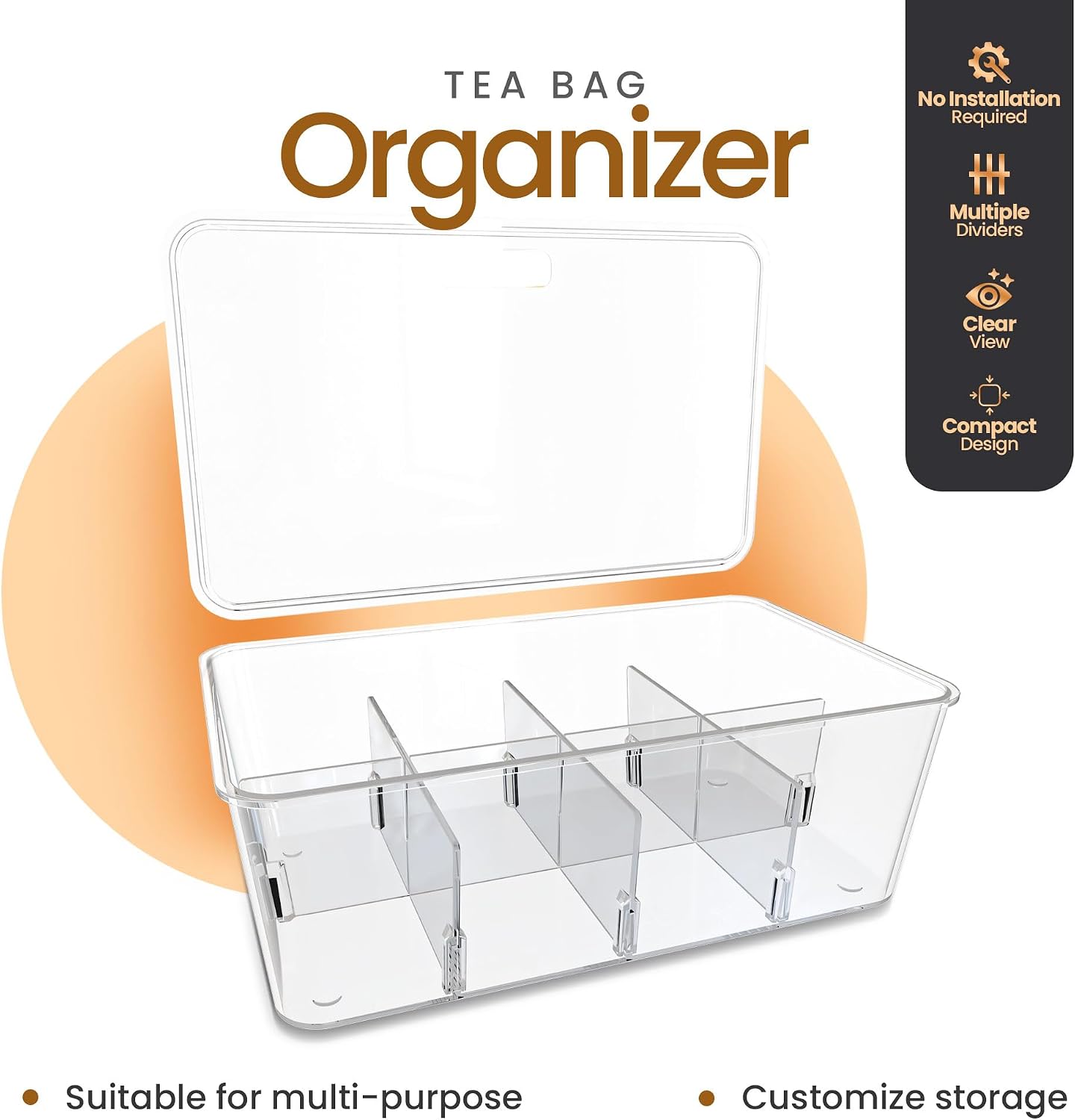 Utopia Home Tea Bag Organizer Set with Lids – 3 Pack Stackable Clear Plastic Storage Bins for Pantry, Cabinet & Fridge – Ideal for Tea, Snacks & Spice Organization