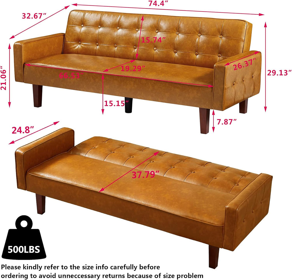 mikibama PU Futon Sofa Couch for Living Room Convertible Faux Leather Upholstered Futon Sleeper Sofa Bed Channel Tufted Bedroom Futons with Solid Wood Legs for Small Spaces