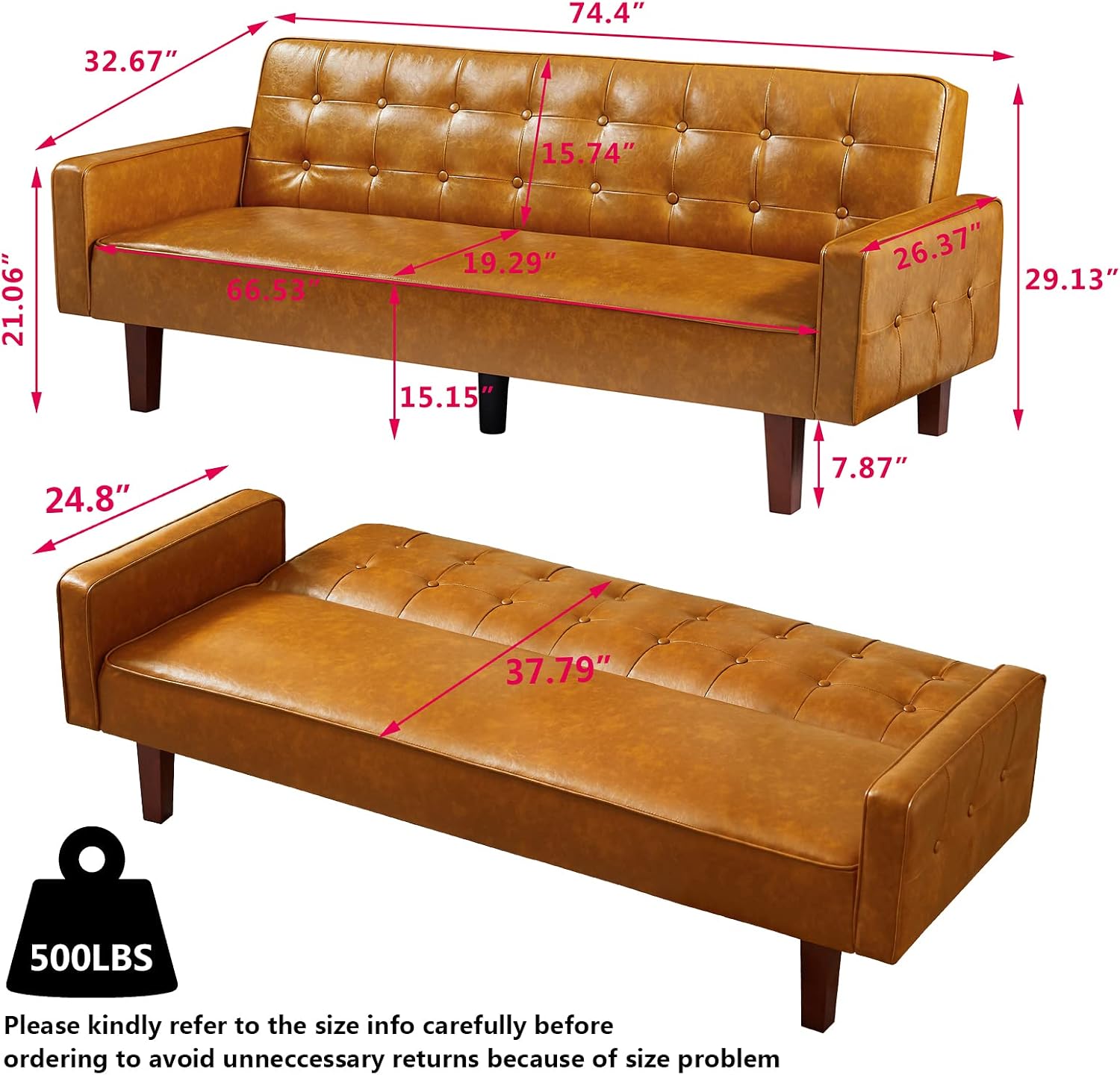 mikibama PU Futon Sofa Couch for Living Room Convertible Faux Leather Upholstered Futon Sleeper Sofa Bed Channel Tufted Bedroom Futons with Solid Wood Legs for Small Spaces