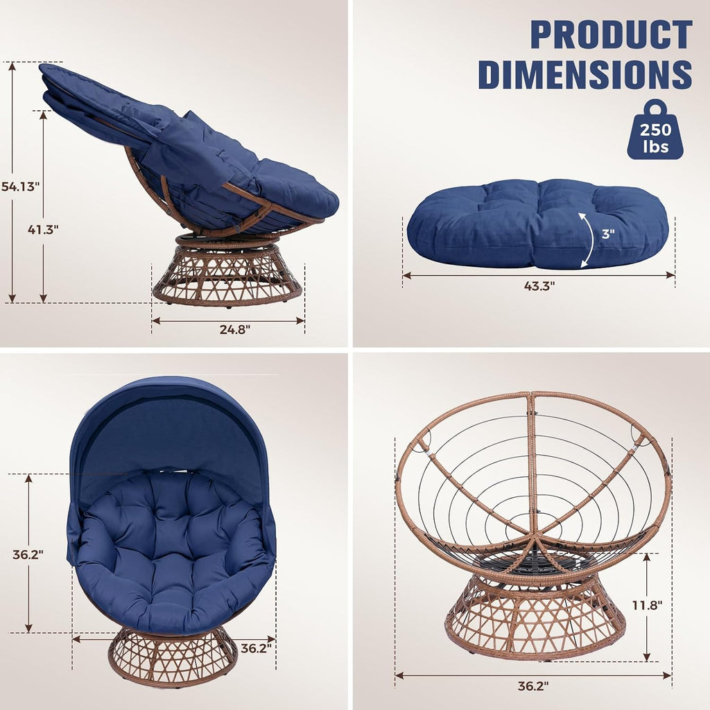 GTPLAYER Outdoor Wicker Egg Chair PE Rattan Chair with Cushion, Oversized Patio Lounge Chair with Canopy Papasan Chair 360° Swivel Base for Outdoor, Indoor, Balcony, Backyard, Garden, Blue