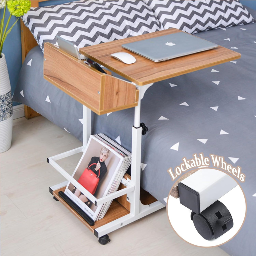 C Shaped End Table, Height Adjustable Sofa Side Tables with Side Storage 2 Tier Mobile Couch End Table on Lockable Wheels for Living Room Bedroom Small Spaces(Antique Oak Color)