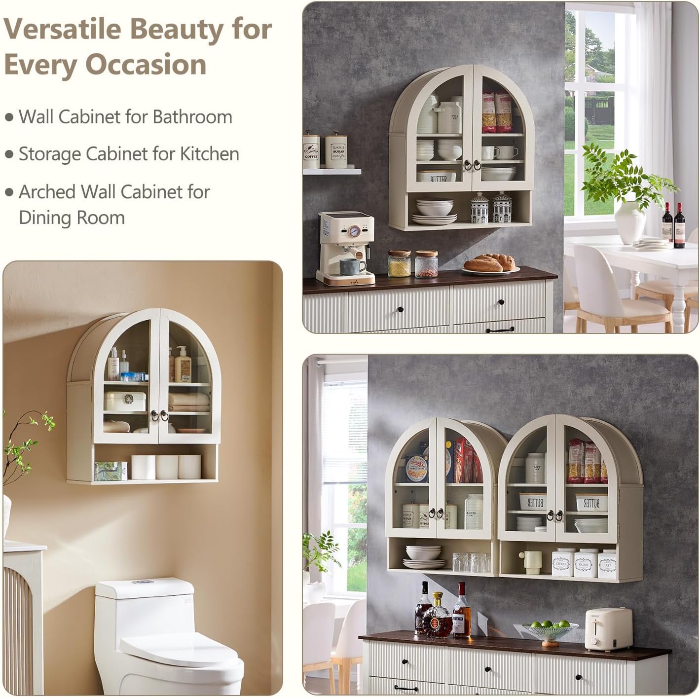 IFGET Bathroom Arched Wall Cabinet, 23.6'' Wide Medicine Cabinet with Adjustable Shelves & Acrylic Glass Doors, Over The Toilet Storage Wall Mount Cabinet for Laundry Room,Kitchen & Living Room, Cream