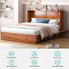 BALUS Queen Murphy Bed with Tri-Fold Memory Foam Mattress, Built-in USB Charging Ports & Bedside Panel, Wood Hidden Wall Beds, Modern Murphy Beds Cabinet Beds for Bedroom/Living Room, Cherry