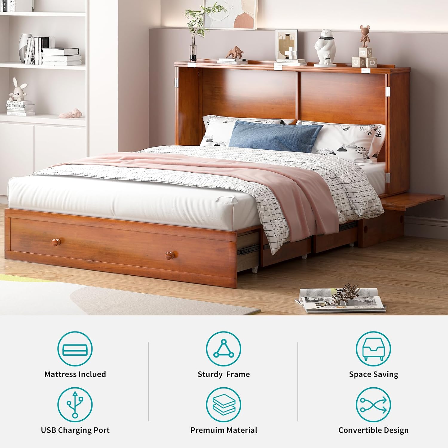 BALUS Queen Murphy Bed with Tri-Fold Memory Foam Mattress, Built-in USB Charging Ports & Bedside Panel, Wood Hidden Wall Beds, Modern Murphy Beds Cabinet Beds for Bedroom/Living Room, Cherry