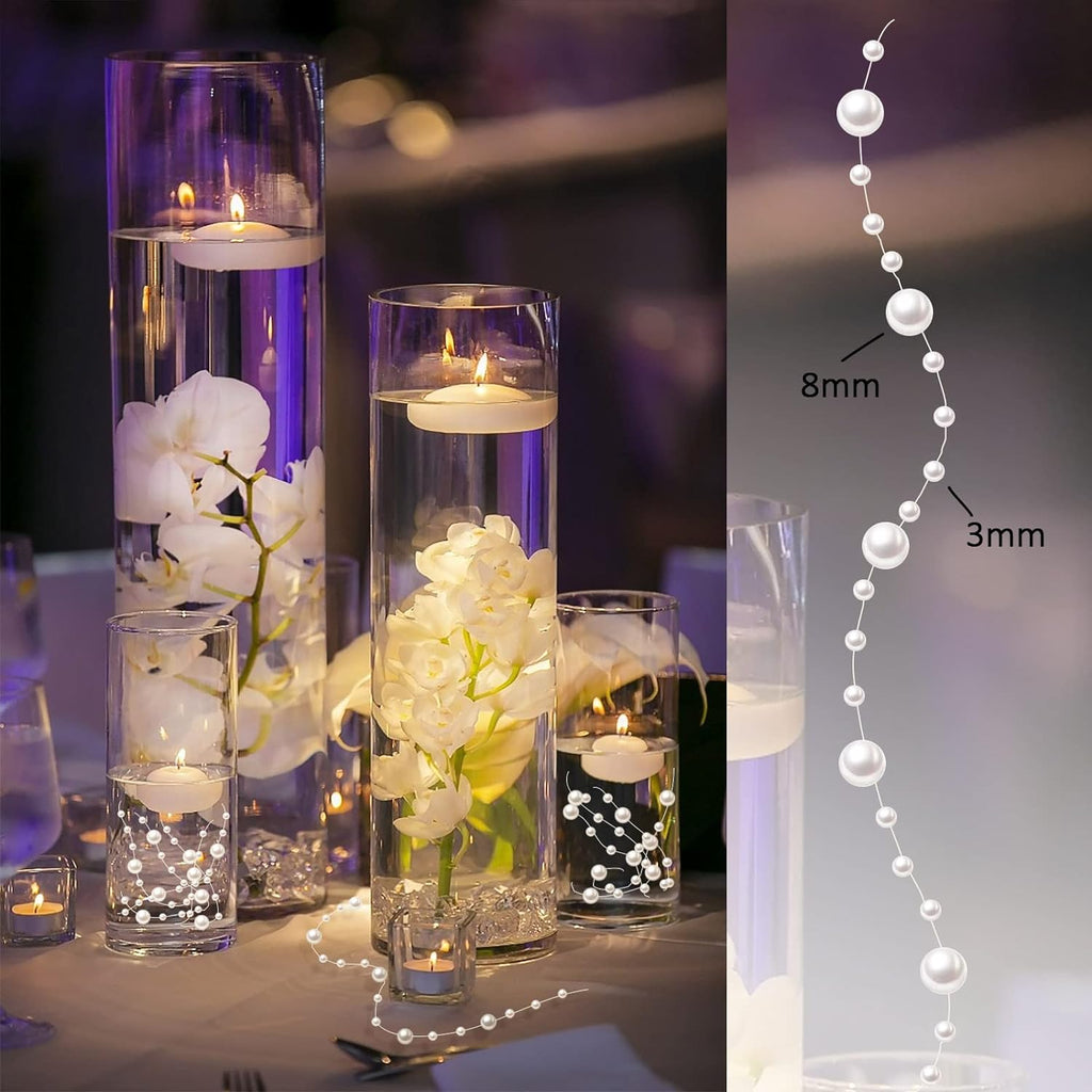 White Vase Filler for Floating Candles, 94ft Cuttable Faux Pearl Beads Strings Filler Cylinder Vases Centerpiece Table Decorations for Floating Effects, Wedding, Dining, Party, Celebration