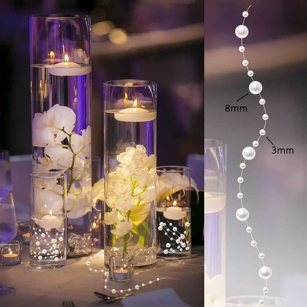 50Pcs Pearl Strings for Floating Candles, Floating-Effect Faux Pearls for Vase Filler, Centerpiece Table Decorations for Wedding, Party, Event (White)