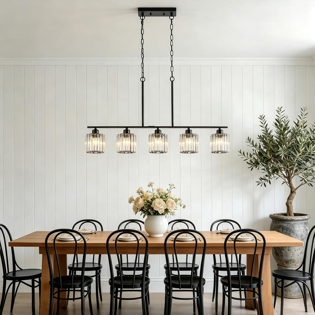 36" Black Chandeliers for Dining Room Light Fixtures over Table, 5-Light Black Linear Farmhouse Pendant Lights Kitchen Island Lighting, Adjustable Island Lights for Kitchen with K9 Cystal Shades E26
