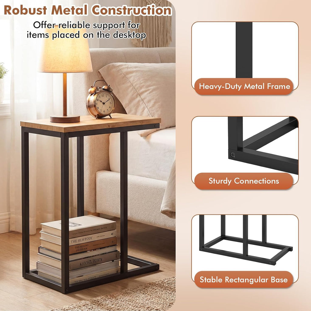 Giantex C-Shaped End Table, Set of 2 Small Sofa Couch Side Table that Slide Under with Metal Frame & Spacious Tabletop, Bedside Laptop TV Tray for Living Room Bedroom Small Spaces (Natural)