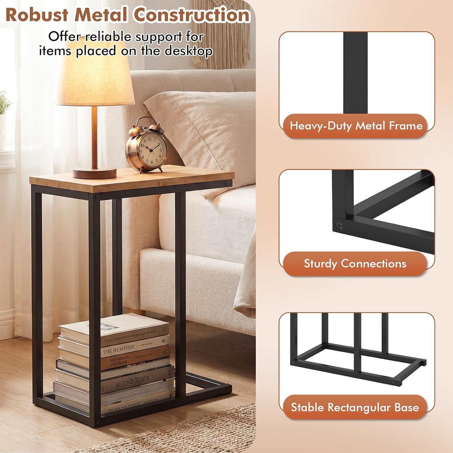 Giantex C-Shaped End Table, Set of 2 Small Sofa Couch Side Table that Slide Under with Metal Frame & Spacious Tabletop, Bedside Laptop TV Tray for Living Room Bedroom Small Spaces (Natural)