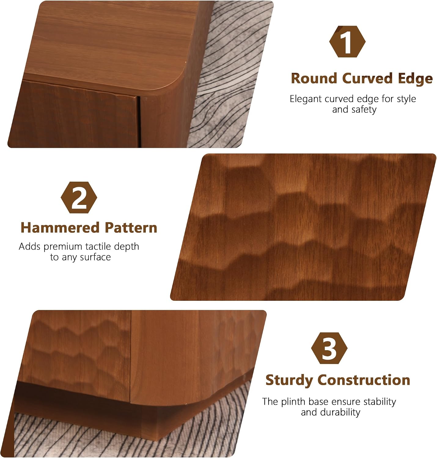 20 inch Square End Table, Wooden Sofa Side Table with Hammered Pattern & Solid Wood Veneer, Mid Century Modern Nightstand, Accent End Table for Living Room, Bedroom, Home Office, Walnut