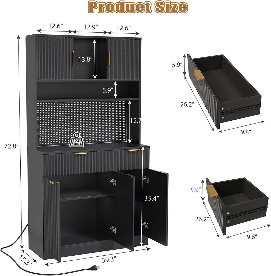 Kitchen Pantry Cabinet with Storage & Pegboard, 71" Tall Hutch Storage Cabinet with Power Outlets, Freestanding Food Pantry with Microwave Stand Spice Rack for Dining Room - Black