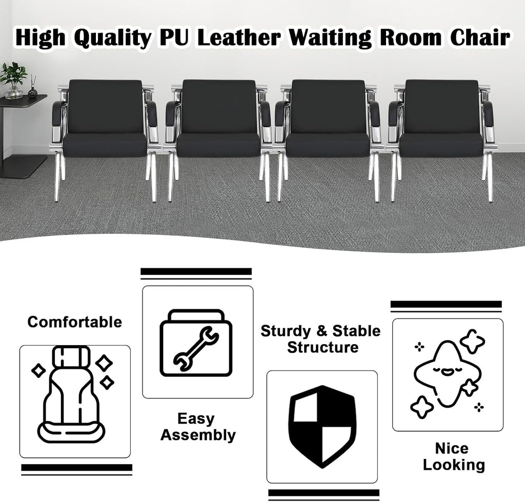 kinbor 4 PCS Waiting Room Guest Chairs, PU Leather Office Reception Chair, Lobby Furniture Reception Sofa Seat with Arms for Airport Salon Clinic, Black