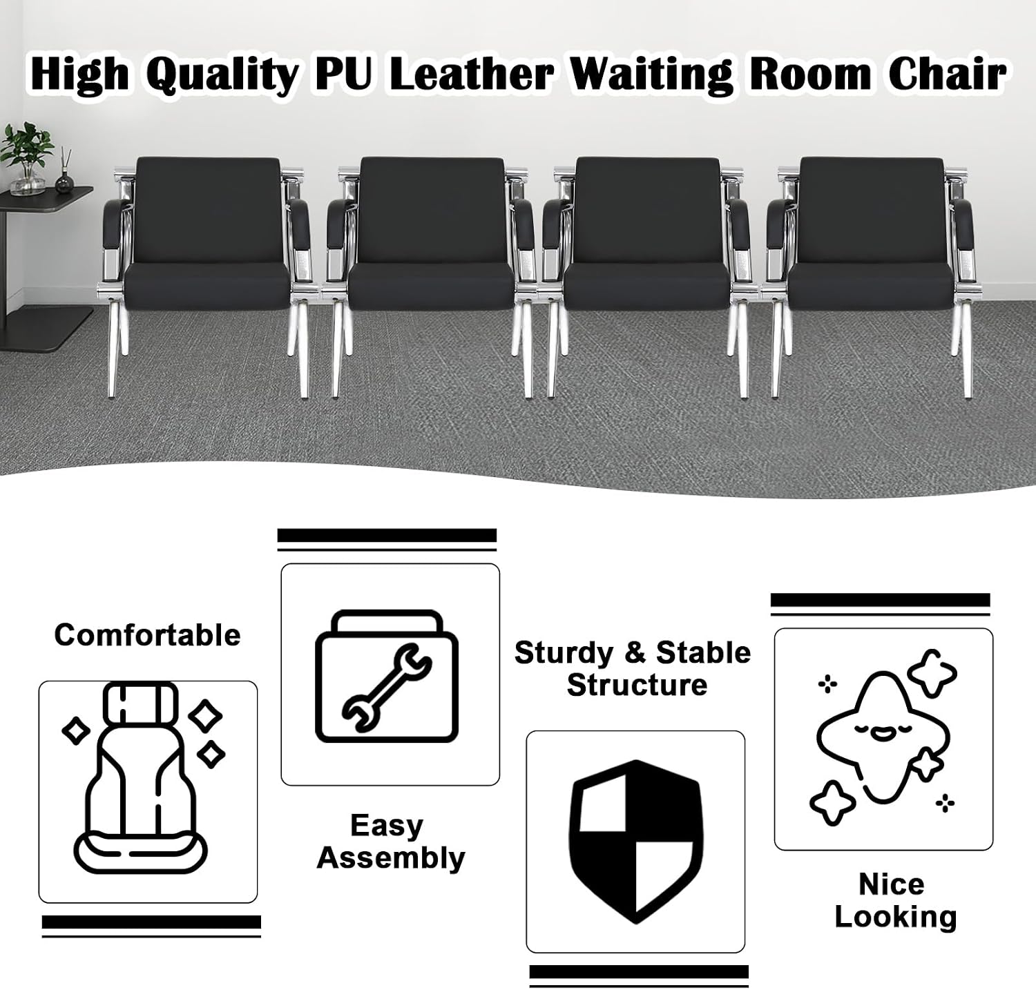kinbor 4 PCS Waiting Room Guest Chairs, PU Leather Office Reception Chair, Lobby Furniture Reception Sofa Seat with Arms for Airport Salon Clinic, Black