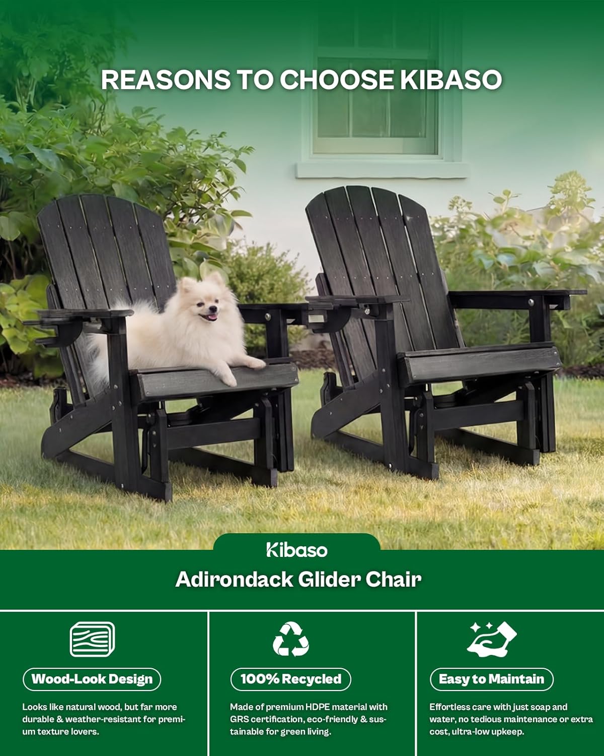 Outdoor Glider Adirondack Chairs with Cup Holder Set of 2, HDPE Patio Glider Rocker with 3-Position Adjustable Backrest, All-Weather Porch Glider Rocking Chair for Yard (Black)