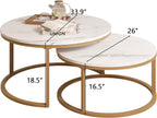 WiberWi Round Coffee Table Nesting Tables Set of 2, Large : Ø 34.0", Small : Ø 26.0", Modern Design Coffee Tables for Living Room, Gold Metal Frame Circle Cocktail Table, High Glossy Faux White Marble