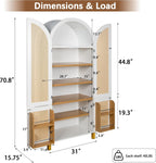 Polibi 71" Tall 4-Door Arched Cabinet, MDF Rattan Door Storage with Adjustable Shelves, Built-in Racks & 4 Support Legs, Farmhouse Pantry Cabinet for Kitchen & Dining Room, White