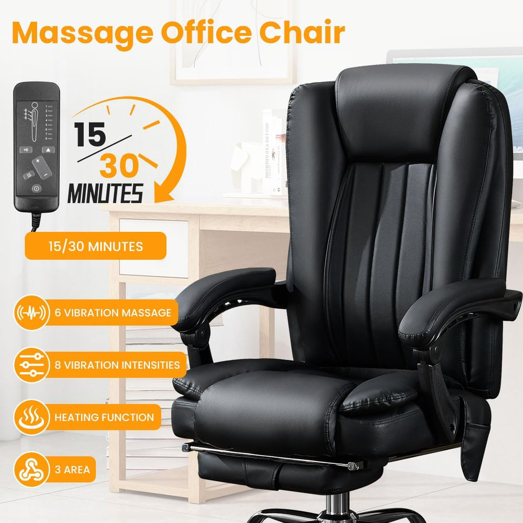 6 Points Vibration & Heat Massage Office Chair with Foot Rest,500lbs Big and Tall Office Chairs,Ergonomic Reclining Desk Chair for Home Office,Gaming