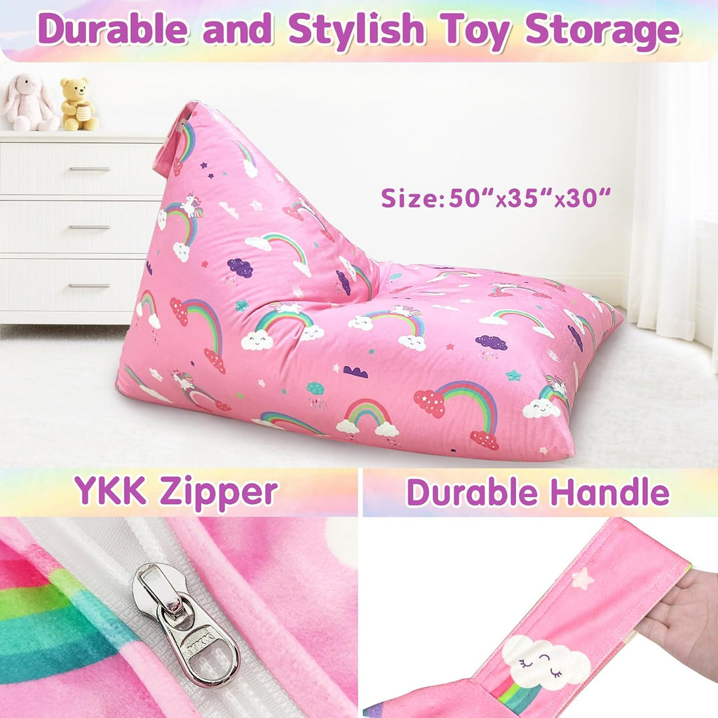 Jorbest Unicorns Stuffed Animals Storage Bean Bag Chair for Kids and Adults, Unicorns Rainbow Bean Bag Stuffed Animals Storage, Luxury Velvet Stuffie Seat - Cover ONLY (200 L/52 Gal, Rainbow)