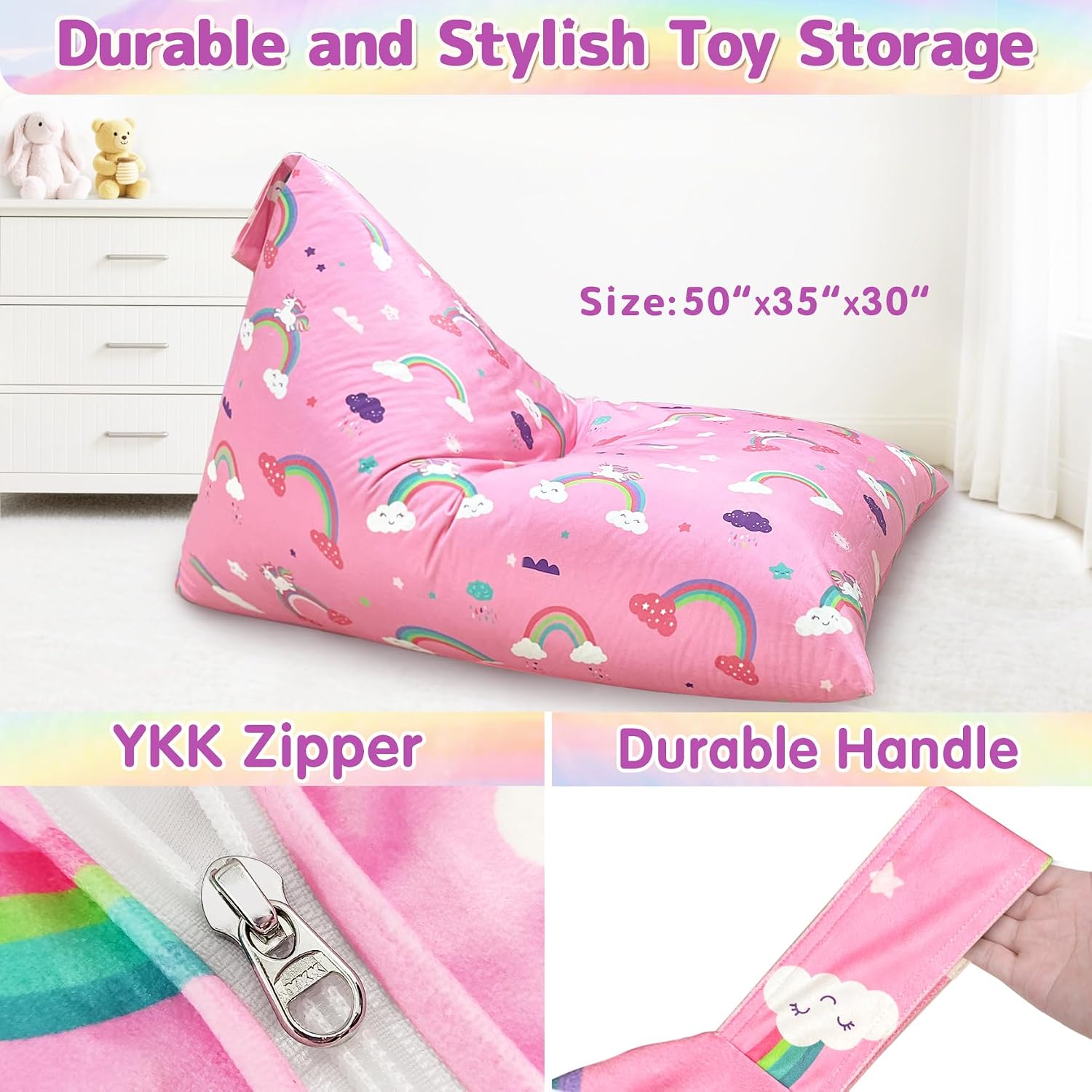 Jorbest Unicorns Stuffed Animals Storage Bean Bag Chair for Kids and Adults, Unicorns Rainbow Bean Bag Stuffed Animals Storage, Luxury Velvet Stuffie Seat - Cover ONLY (200 L/52 Gal, Rainbow)