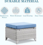 Wicker Outdoor Ottomans Set of 2 - Handwoven Rattan Outdoor Footrests for Patio, All Weather Footstools with Removable Cushions for Porch, Balcony, Deck & Garden - Light Gray/Baby Blue