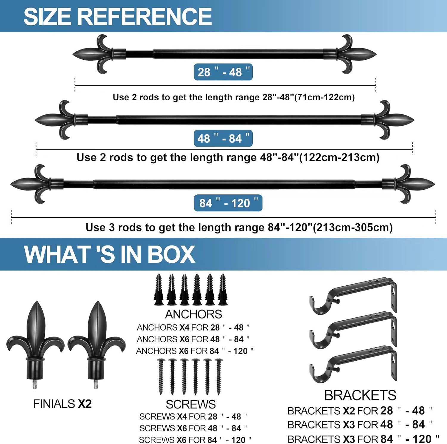 Urbanest Classic Forged Iron Fleur De Lis Window Drapery Rod Set (Black, 48"-84")